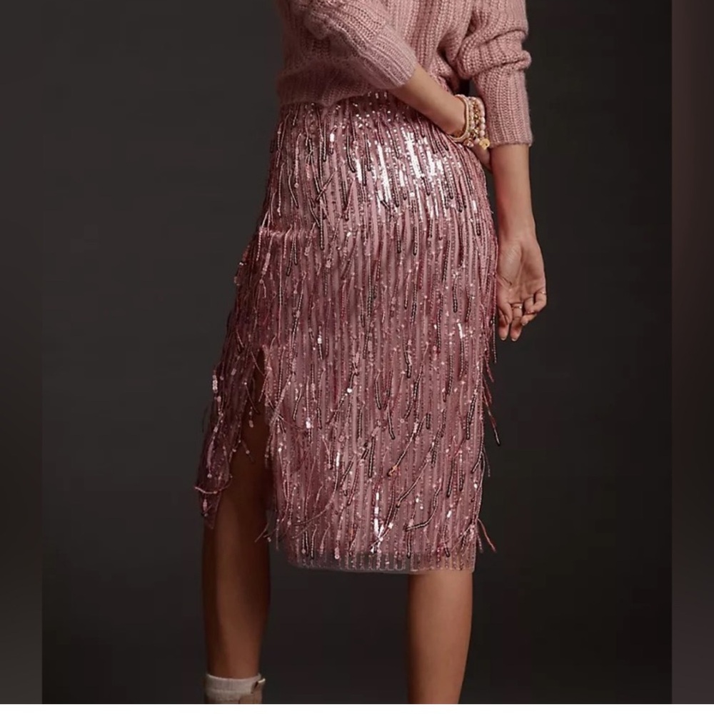 Anthropologie Maeve Pink Sequin Pencil Skirt Evening Formal Fringed Midi - Picture 2 of 14